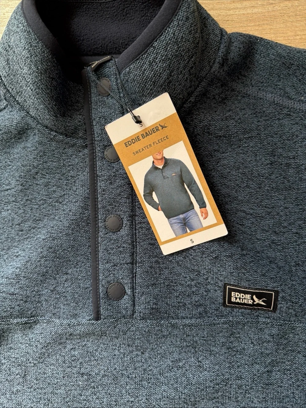 Eddie Bauer Men's Size S Heathered Blue Quarter-Snap Sweater Fleece Pullover.
